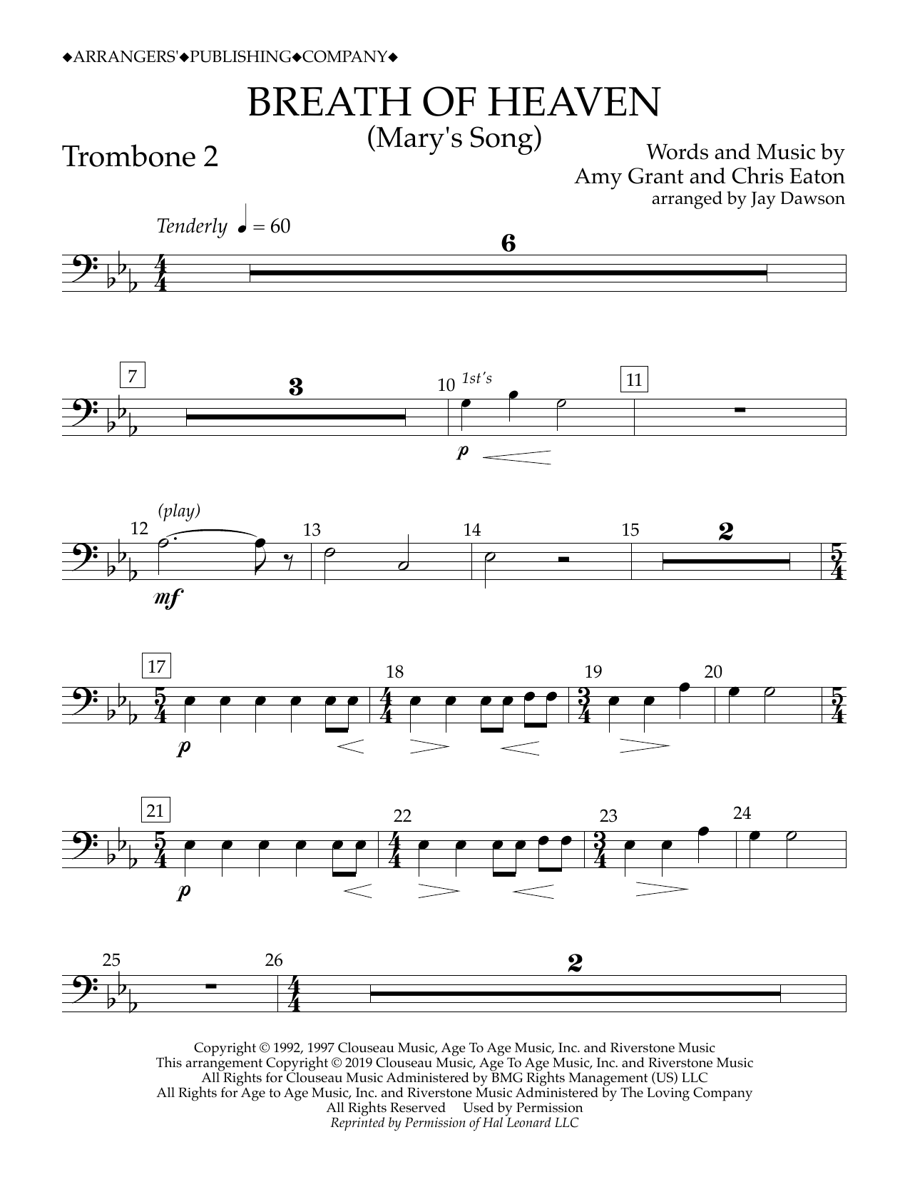 Amy Grant Breath of Heaven (Mary's Song) (arr. Jay Dawson) - Trombone 2 Sheet Music Notes & Chords for Concert Band - Download or Print PDF
