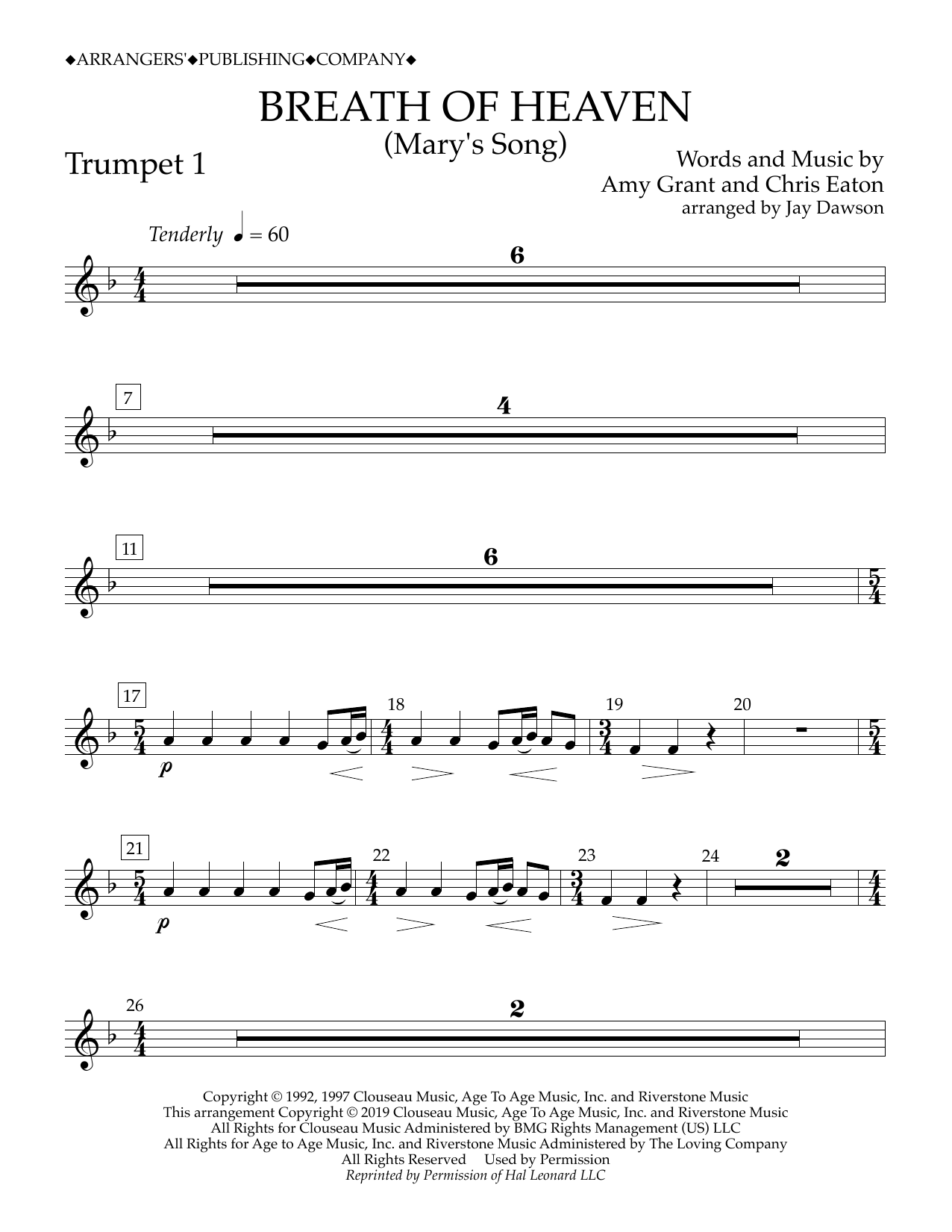 Amy Grant Breath of Heaven (Mary's Song) (arr. Jay Dawson) - Trumpet 1 Sheet Music Notes & Chords for Concert Band - Download or Print PDF