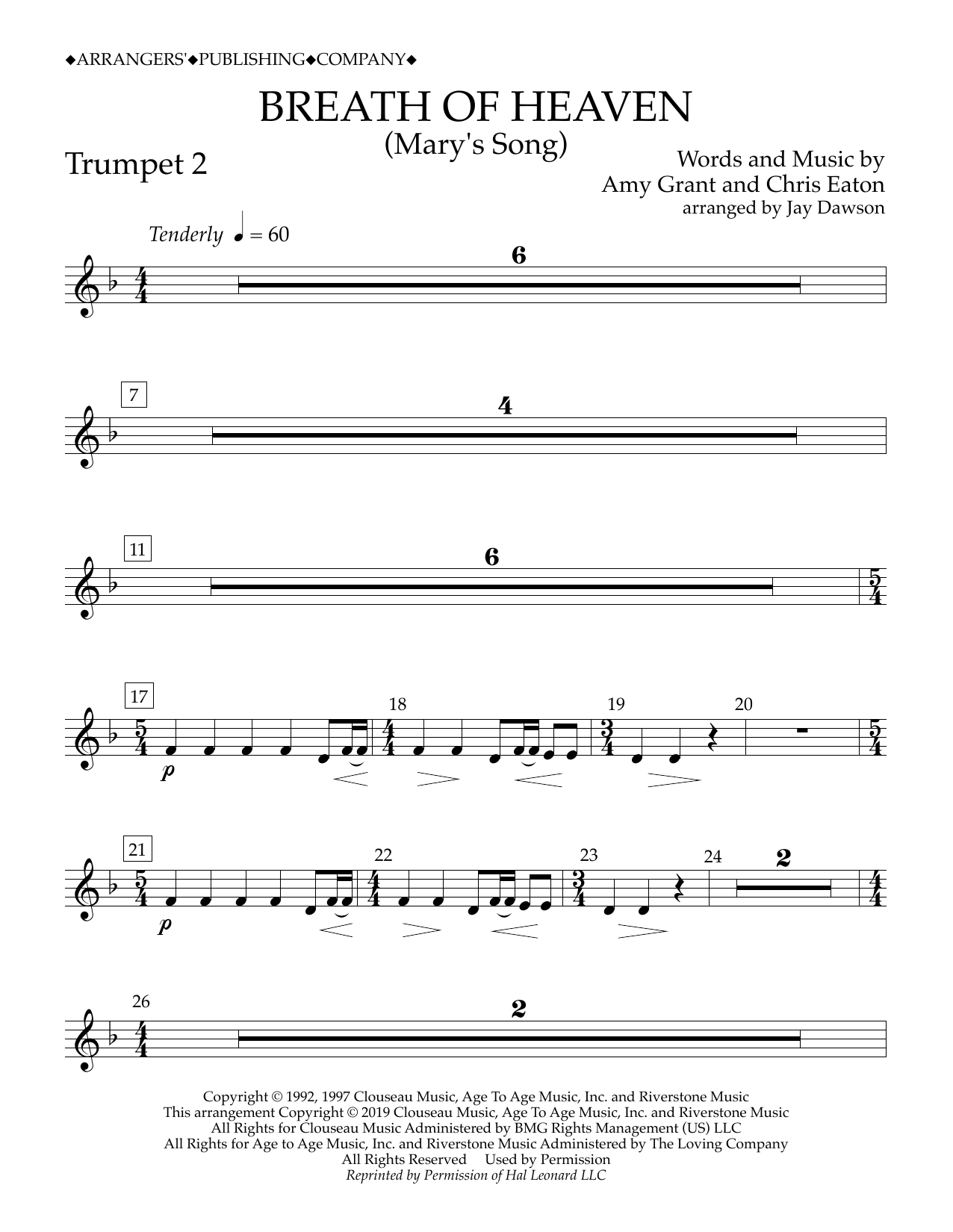 Amy Grant Breath of Heaven (Mary's Song) (arr. Jay Dawson) - Trumpet 2 Sheet Music Notes & Chords for Concert Band - Download or Print PDF