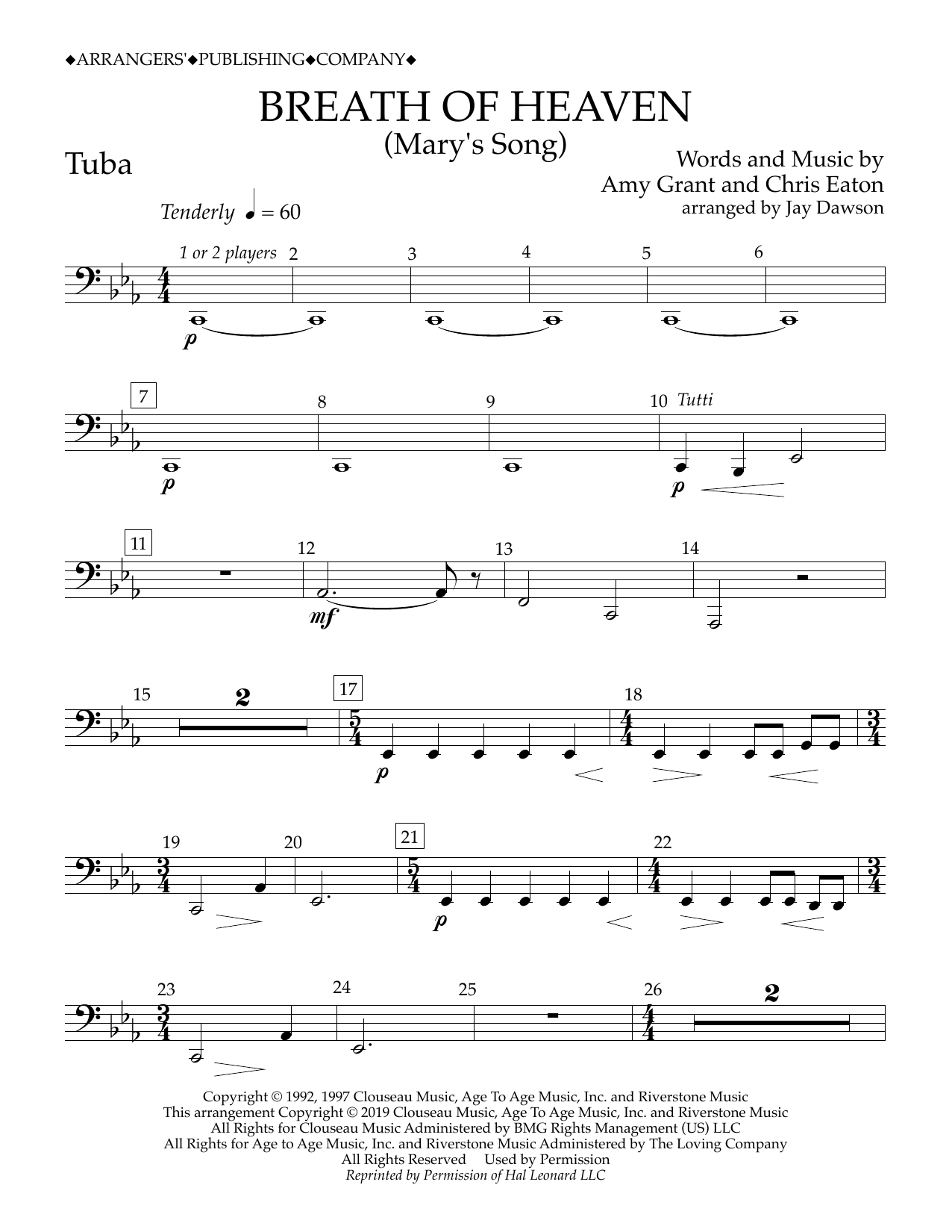 Amy Grant Breath of Heaven (Mary's Song) (arr. Jay Dawson) - Tuba Sheet Music Notes & Chords for Concert Band - Download or Print PDF