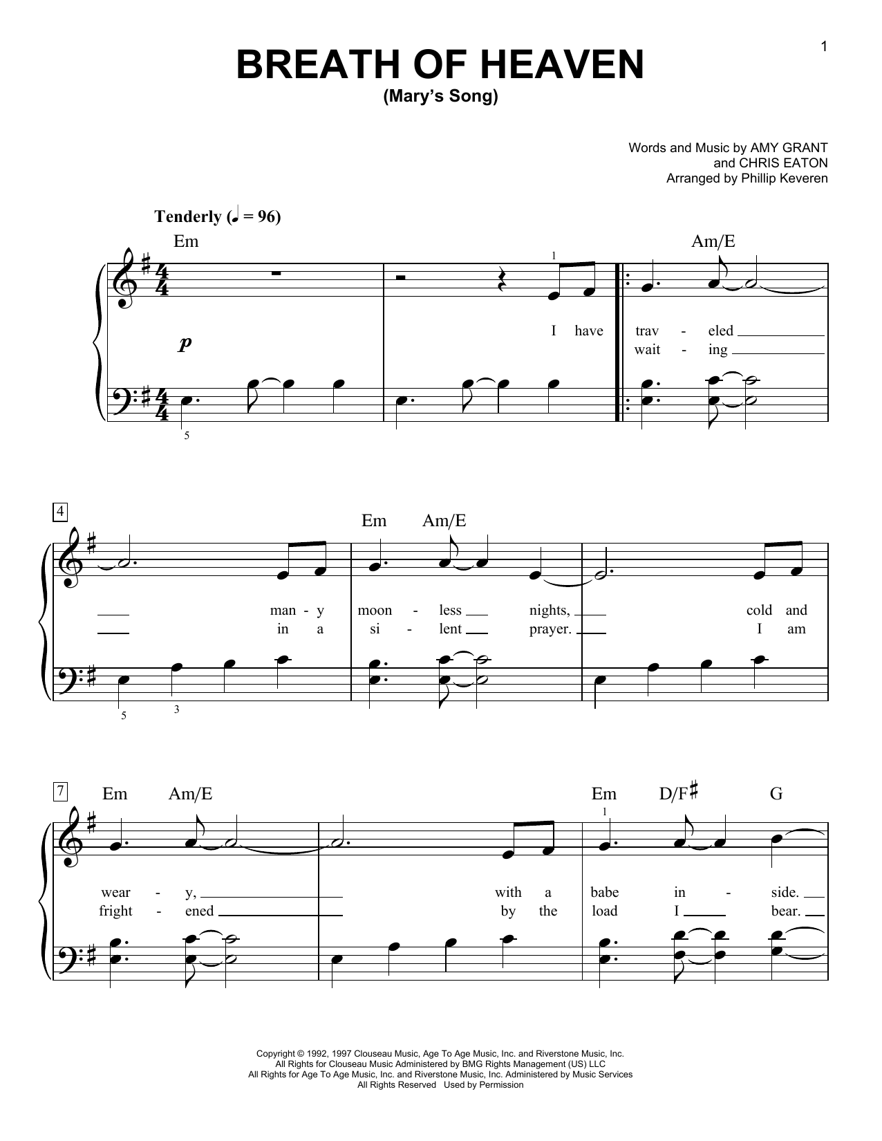 Amy Grant Breath Of Heaven (Mary's Song) (arr. Phillip Keveren) Sheet Music Notes & Chords for Easy Piano - Download or Print PDF