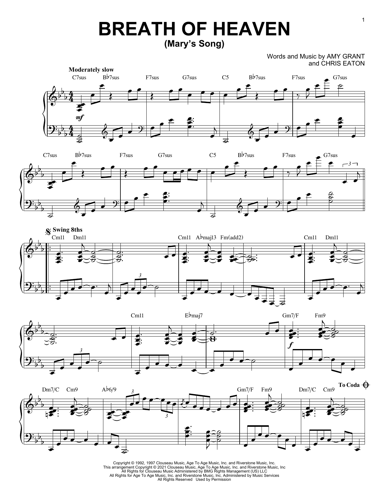 Amy Grant Breath Of Heaven (Mary's Song) [Jazz version] (arr. Brent Edstrom) Sheet Music Notes & Chords for Piano Solo - Download or Print PDF