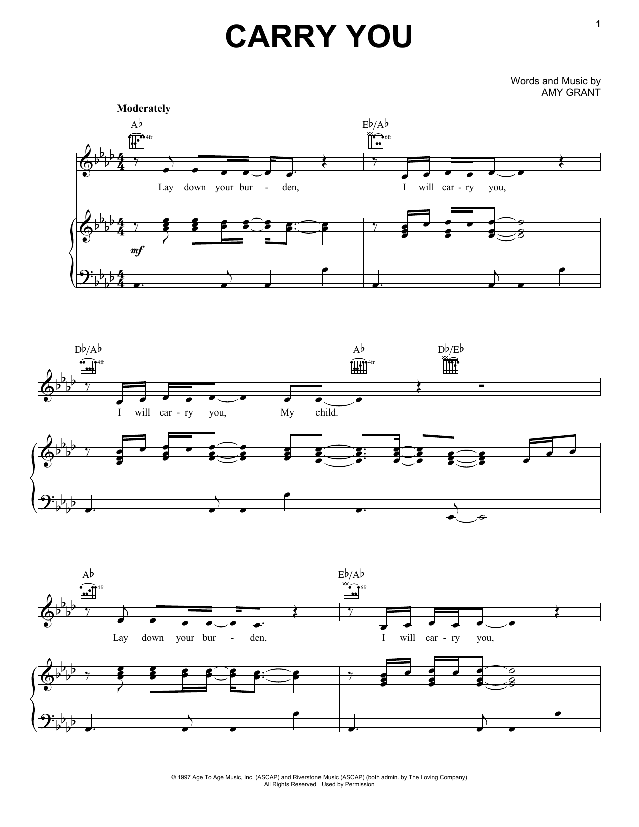Amy Grant Carry You Sheet Music Notes & Chords for Piano, Vocal & Guitar Chords (Right-Hand Melody) - Download or Print PDF