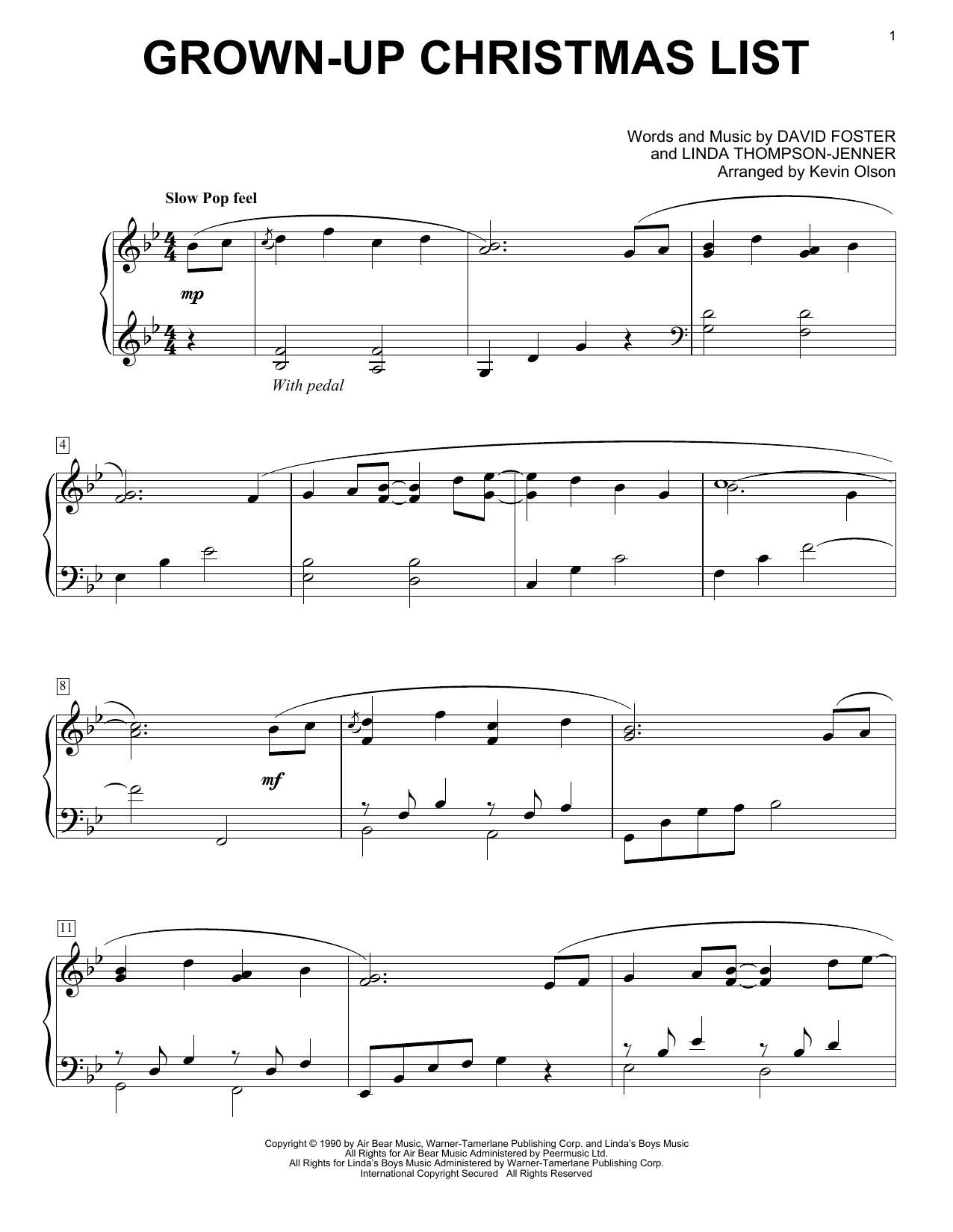 Amy Grant Grown-Up Christmas List (arr. Kevin Olson) Sheet Music Notes & Chords for Easy Piano Solo - Download or Print PDF