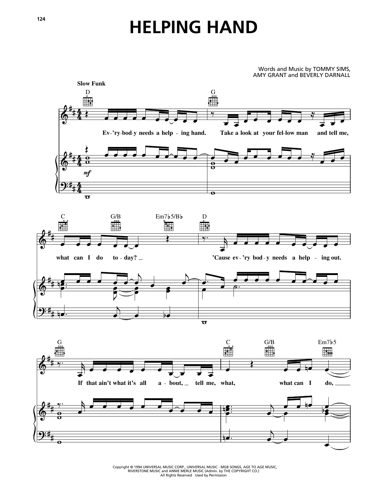 Amy Grant Helping Hand Sheet Music Notes & Chords for Piano, Vocal & Guitar Chords (Right-Hand Melody) - Download or Print PDF