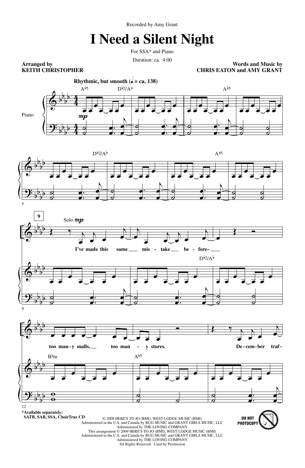 Amy Grant I Need A Silent Night (arr. Keith Christopher) Sheet Music Notes & Chords for SSA Choir - Download or Print PDF