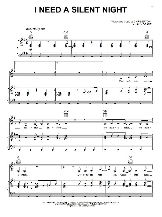 Amy Grant I Need A Silent Night Sheet Music Notes & Chords for Piano, Vocal & Guitar (Right-Hand Melody) - Download or Print PDF