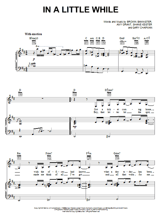 Amy Grant In A Little While Sheet Music Notes & Chords for Piano, Vocal & Guitar (Right-Hand Melody) - Download or Print PDF