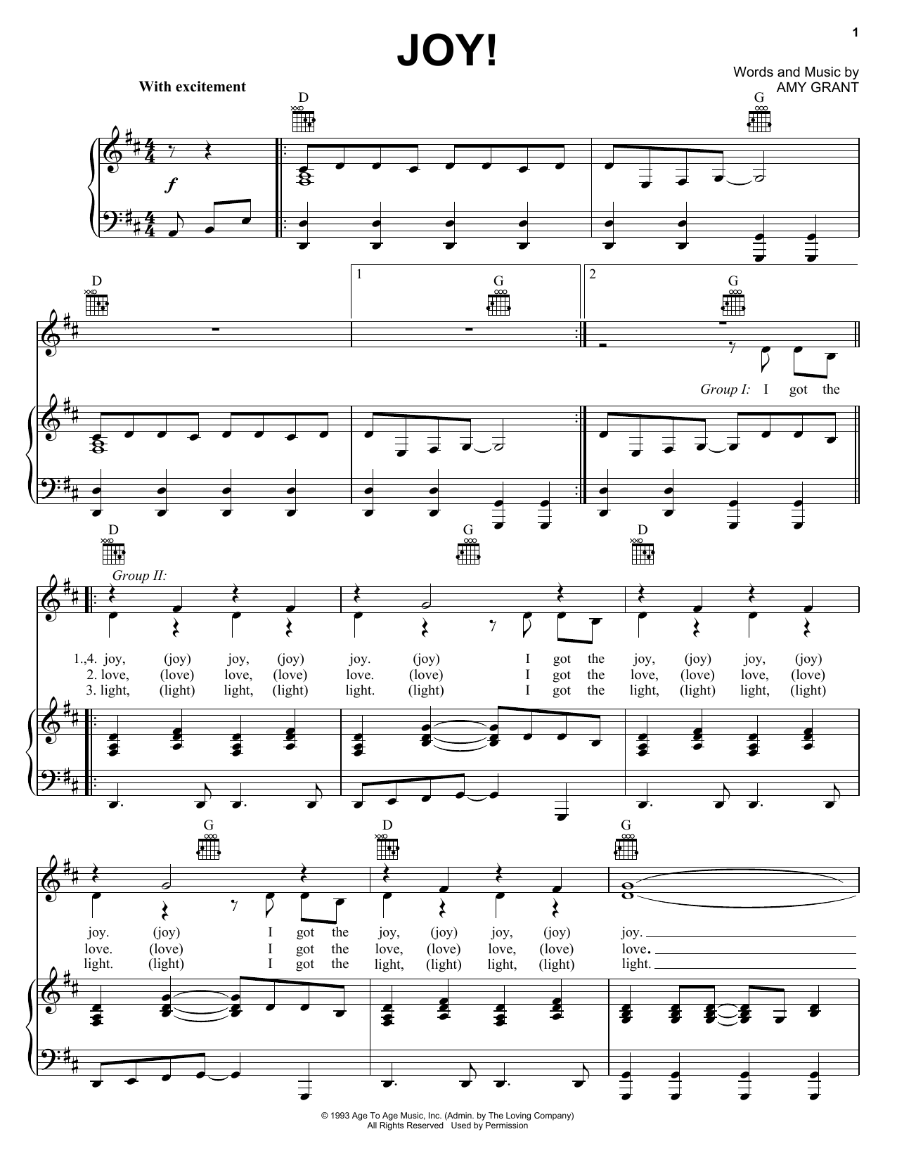 Amy Grant Joy! Sheet Music Notes & Chords for Piano, Vocal & Guitar Chords (Right-Hand Melody) - Download or Print PDF