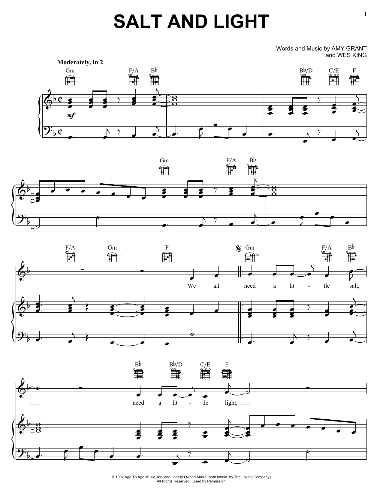 Amy Grant Salt And Light Sheet Music Notes & Chords for Piano, Vocal & Guitar Chords (Right-Hand Melody) - Download or Print PDF