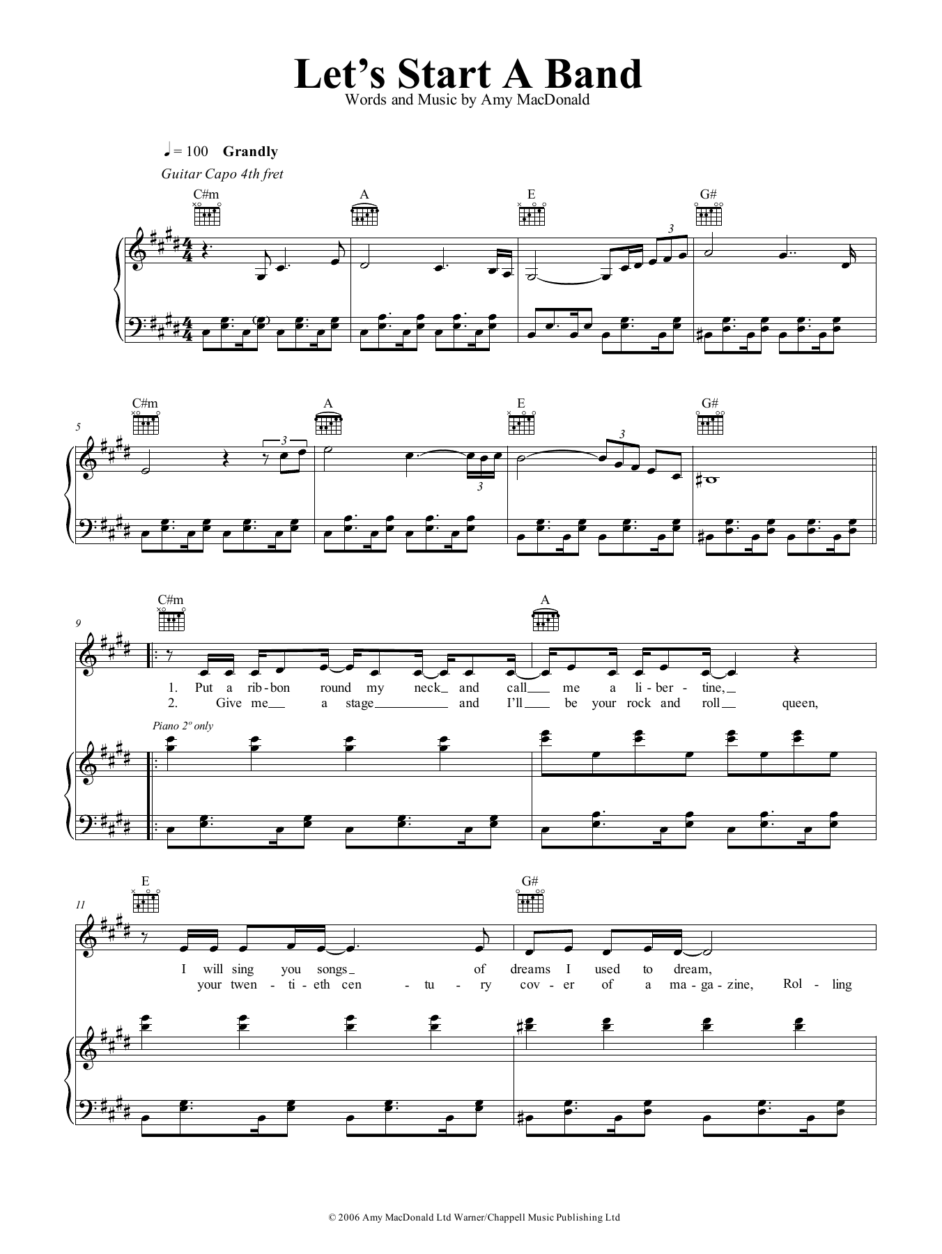 Amy MacDonald Let's Start A Band Sheet Music Notes & Chords for Piano, Vocal & Guitar (Right-Hand Melody) - Download or Print PDF