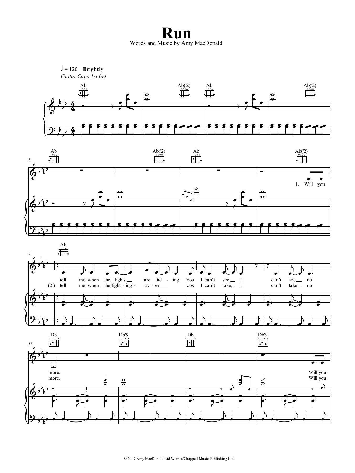 Amy MacDonald Run Sheet Music Notes & Chords for Piano, Vocal & Guitar (Right-Hand Melody) - Download or Print PDF