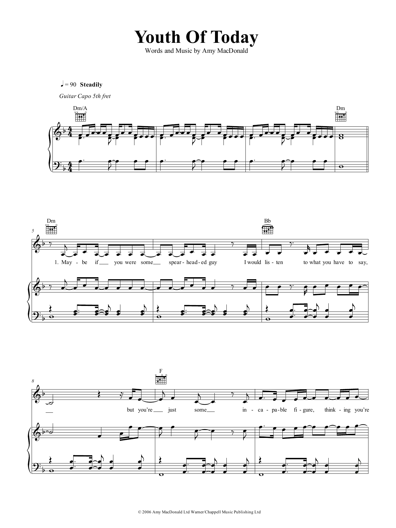 Amy MacDonald Youth Of Today Sheet Music Notes & Chords for Piano, Vocal & Guitar (Right-Hand Melody) - Download or Print PDF