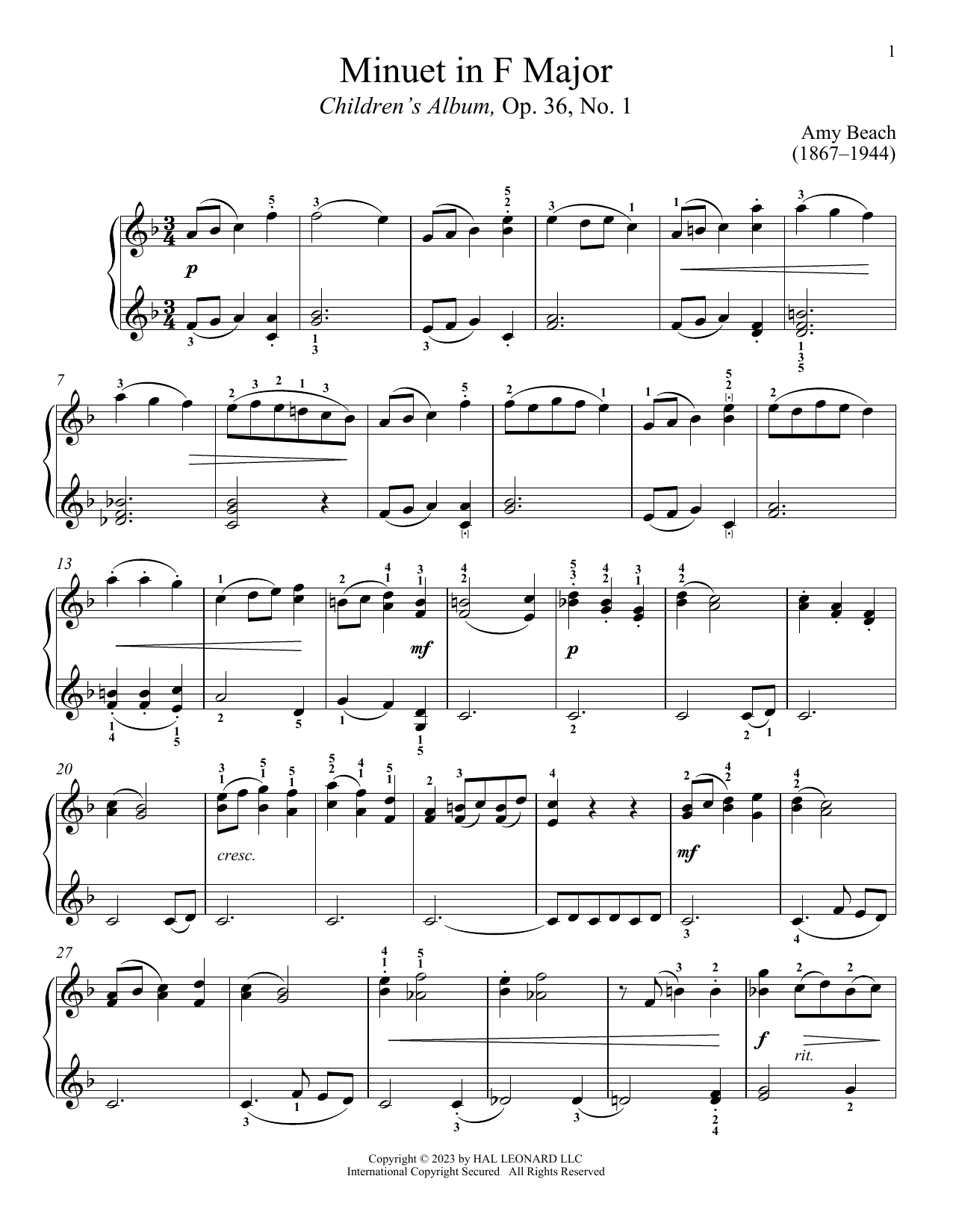Amy Marcy Beach Minuet Sheet Music Notes & Chords for Piano Solo - Download or Print PDF