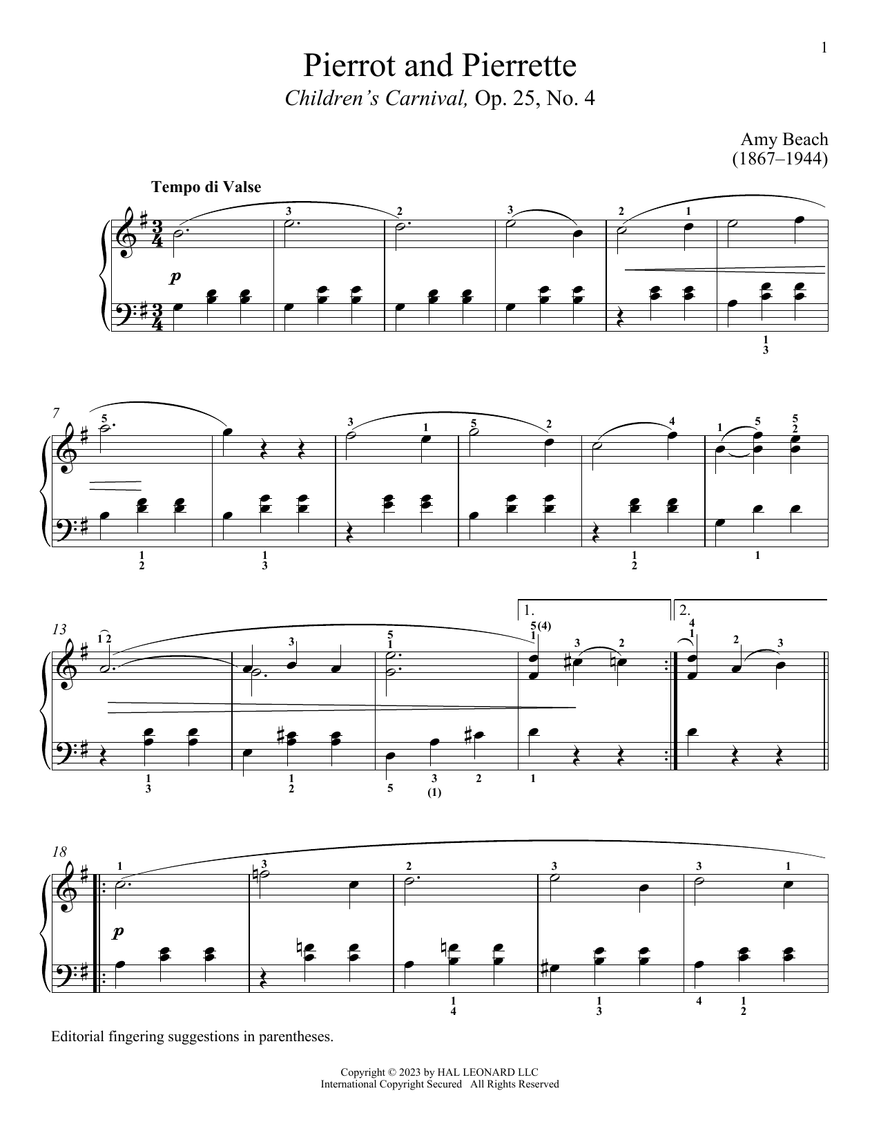 Amy Marcy Beach Pierrot and Pierrette Sheet Music Notes & Chords for Piano Solo - Download or Print PDF