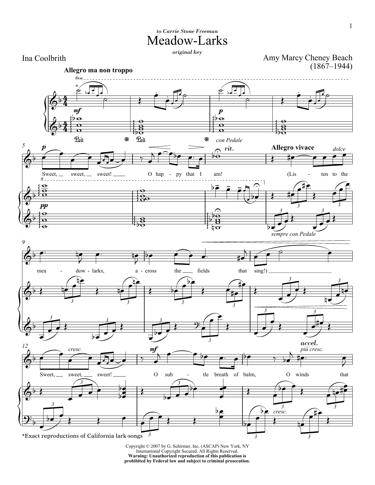 Amy Marcy Cheney Beach Meadow-Larks Sheet Music Notes & Chords for Piano & Vocal - Download or Print PDF