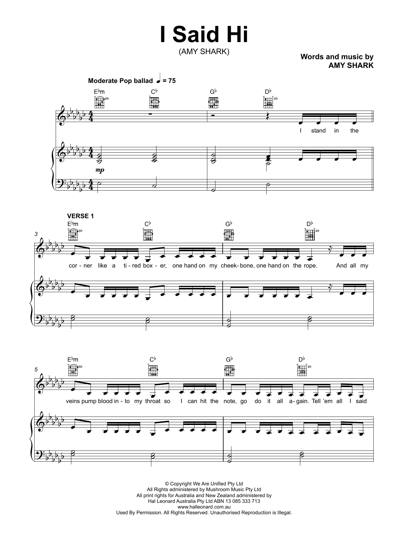 Amy Shark I Said Hi Sheet Music Notes & Chords for Piano, Vocal & Guitar (Right-Hand Melody) - Download or Print PDF