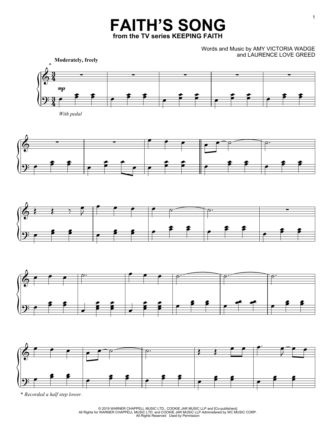 Amy Wadge Faith's Song (arr. Laurence Love Greed) (from the TV series Keeping Faith) Sheet Music Notes & Chords for Piano Solo - Download or Print PDF