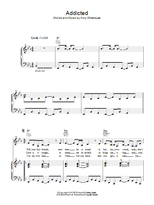 Amy Winehouse Addicted Sheet Music Notes & Chords for Piano, Vocal & Guitar - Download or Print PDF