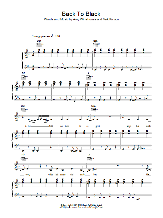 Amy Winehouse Back To Black Sheet Music Notes & Chords for Voice - Download or Print PDF