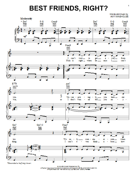 Amy Winehouse Best Friends, Right? Sheet Music Notes & Chords for Piano, Vocal & Guitar (Right-Hand Melody) - Download or Print PDF