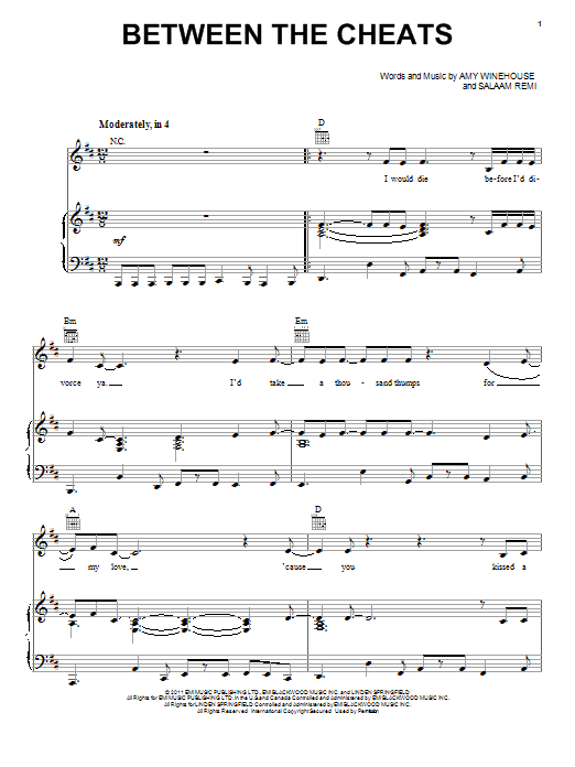 Amy Winehouse Between The Cheats Sheet Music Notes & Chords for Piano, Vocal & Guitar (Right-Hand Melody) - Download or Print PDF