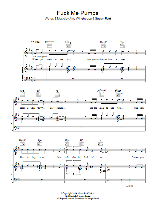 Amy Winehouse F**k Me Pumps Sheet Music Notes & Chords for Piano, Vocal & Guitar (Right-Hand Melody) - Download or Print PDF