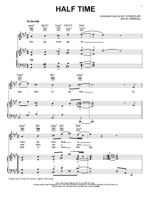 Amy Winehouse Half Time Sheet Music Notes & Chords for Piano, Vocal & Guitar (Right-Hand Melody) - Download or Print PDF