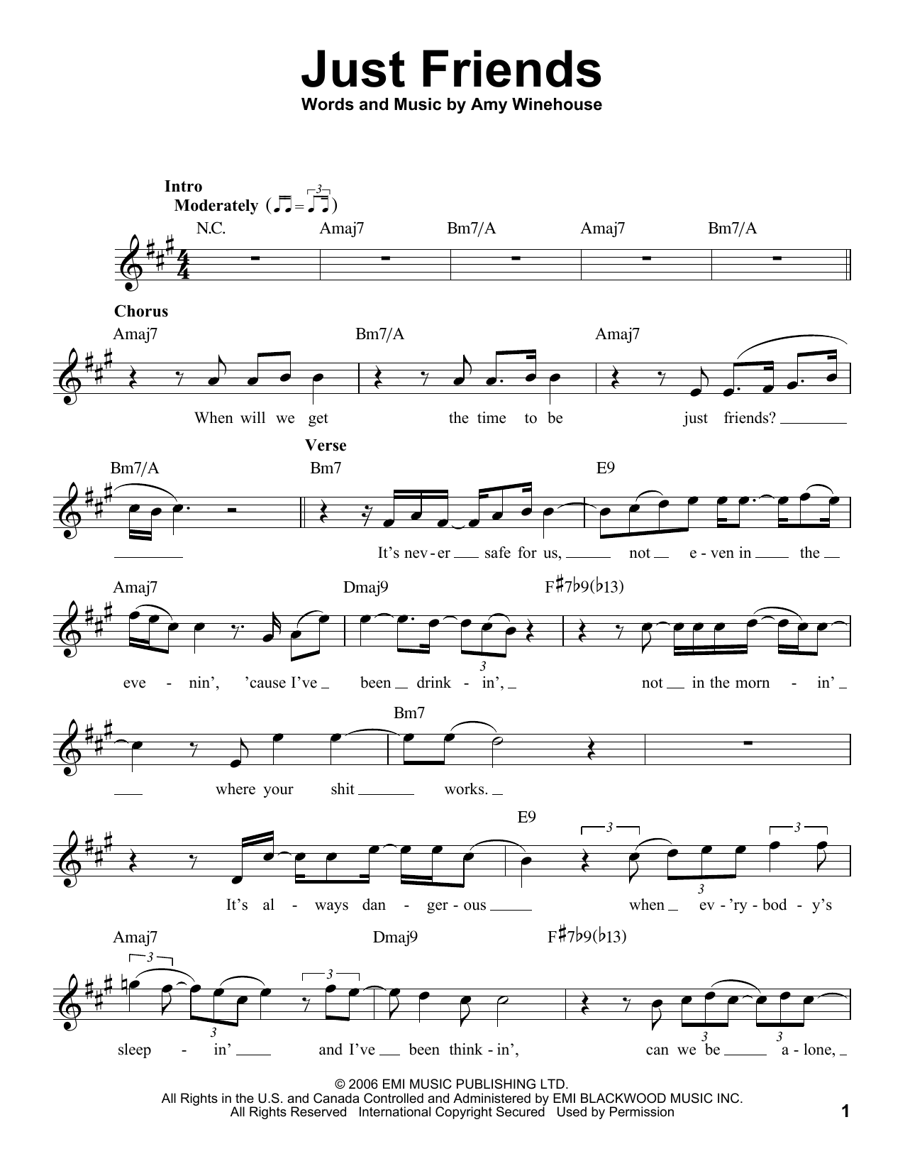 Amy Winehouse Just Friends Sheet Music Notes & Chords for Piano, Vocal & Guitar - Download or Print PDF