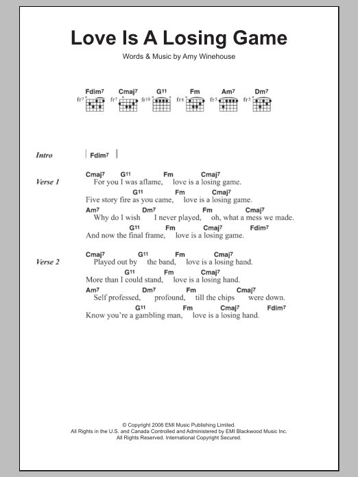 Amy Winehouse Love Is A Losing Game Sheet Music Notes & Chords for Piano, Vocal & Guitar - Download or Print PDF