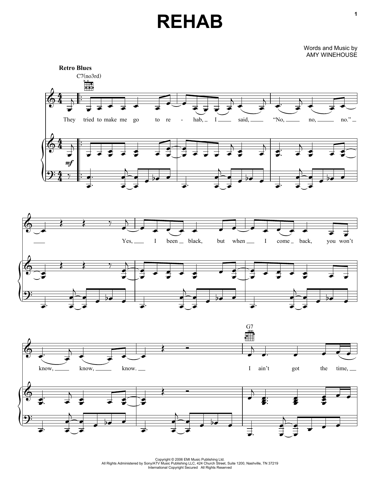 Amy Winehouse Rehab Sheet Music Notes & Chords for Melody Line, Lyrics & Chords - Download or Print PDF