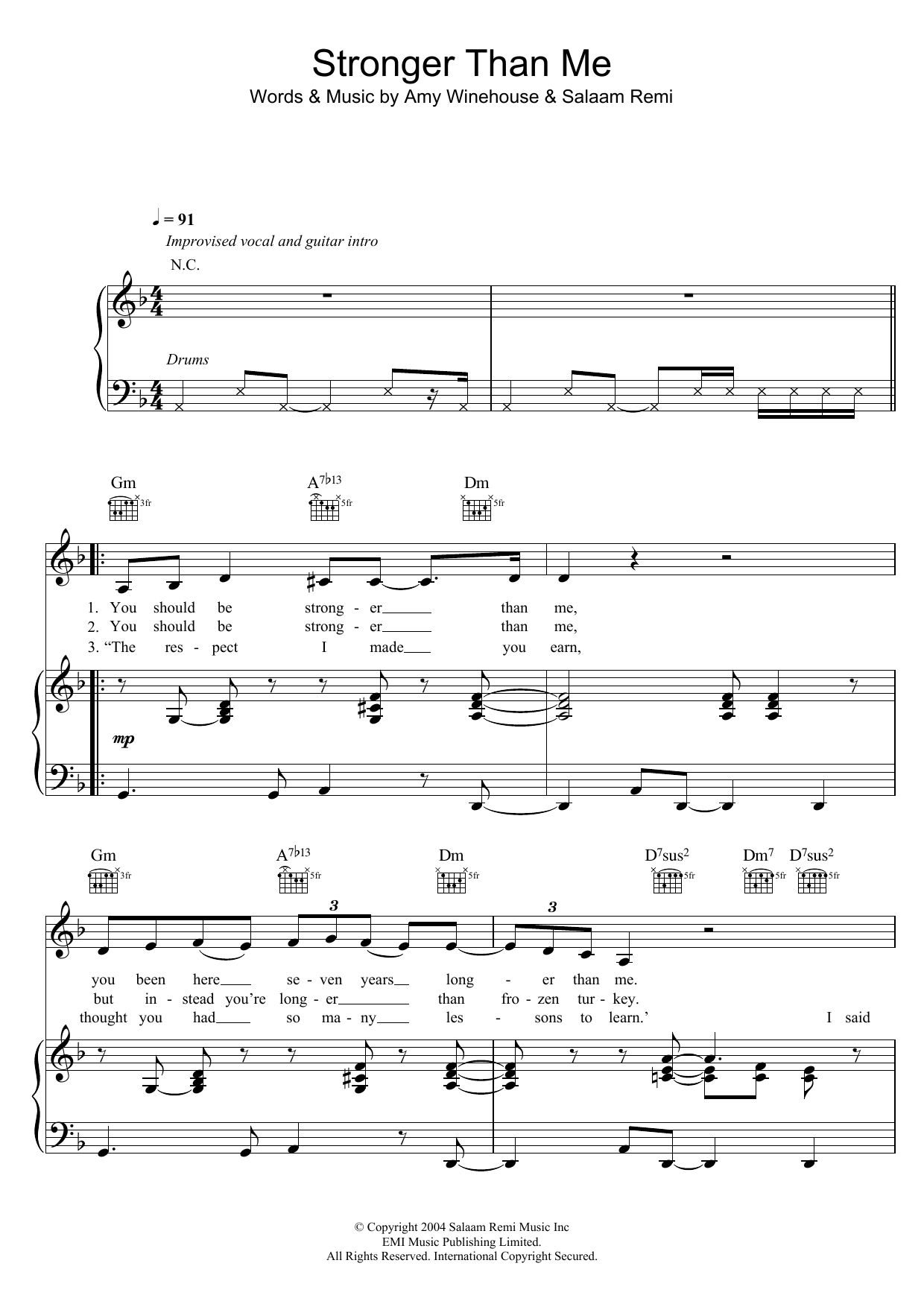 Amy Winehouse Stronger Than Me Sheet Music Notes & Chords for Piano, Vocal & Guitar - Download or Print PDF