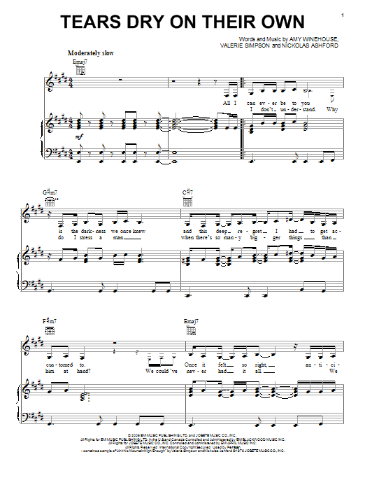 Amy Winehouse Tears Dry On Their Own Sheet Music Notes & Chords for Voice - Download or Print PDF