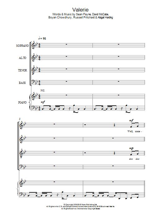Amy Winehouse Valerie (arr. Jeremy Birchall) Sheet Music Notes & Chords for SATB - Download or Print PDF