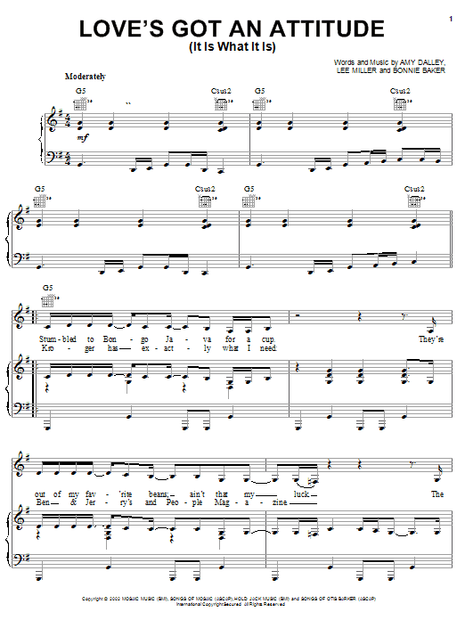 Preview Amy Dalley Love's Got An Attitude (It Is What It Is) Pop sheet music, notes and chords for Piano, Vocal & Guitar (Right-Hand Melody), SKU: 24377 sheet music, piano notes, chords, guitar tabs, score, transpose, transcribe, how to play, guide, download, learn, tutorial, progression, song, artist, awards, billboard, mtv, vh1, tour, single, album, release