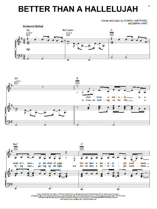 Preview Amy Grant Better Than A Hallelujah Pop sheet music, notes and chords for Piano, Vocal & Guitar (Right-Hand Melody), SKU: 74849 Better Than A Hallelujah sheet music