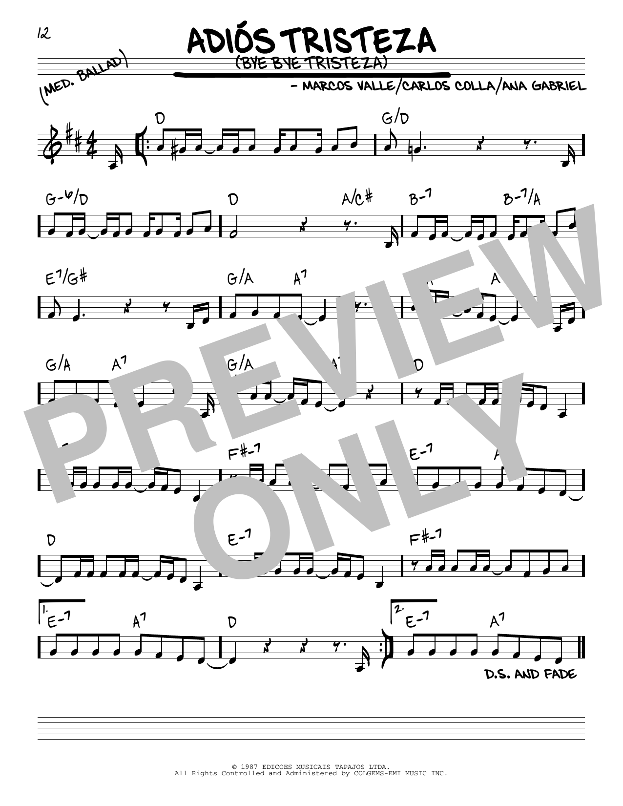 Ana Gabriel Adios Tristeza (Bye Bye Tristeza) Sheet Music Notes & Chords for Real Book – Melody & Chords - Download or Print PDF