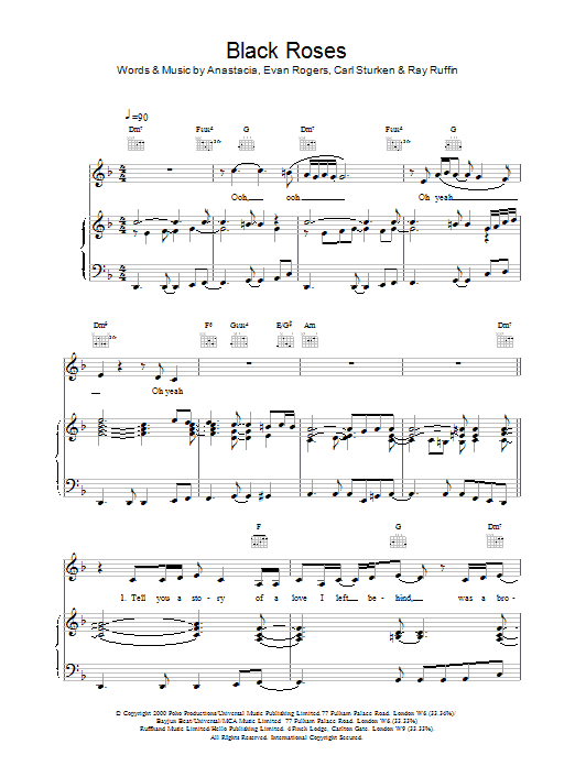 Anastacia Black Roses Sheet Music Notes & Chords for Piano, Vocal & Guitar (Right-Hand Melody) - Download or Print PDF