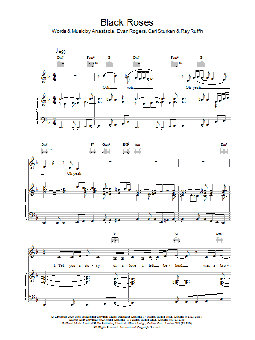 Preview Anastacia Black Roses R & B sheet music, notes and chords for Piano, Vocal & Guitar (Right-Hand Melody), SKU: 18505 Black Roses sheet music