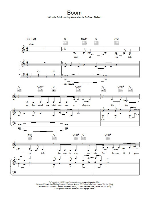 Anastacia Boom Sheet Music Notes & Chords for Piano, Vocal & Guitar - Download or Print PDF