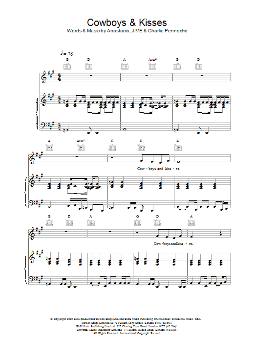 Anastacia Cowboys & Kisses Sheet Music Notes & Chords for Piano, Vocal & Guitar (Right-Hand Melody) - Download or Print PDF