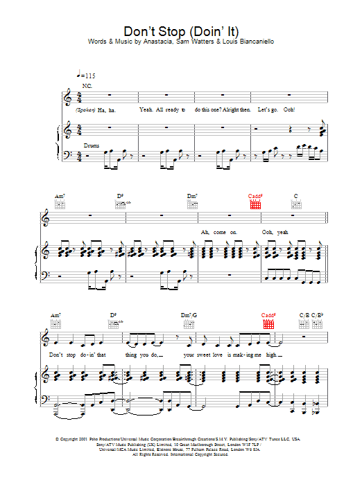 Anastacia Don't Stop (Doin' It) Sheet Music Notes & Chords for Piano, Vocal & Guitar - Download or Print PDF
