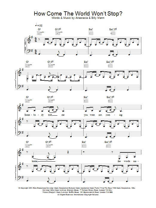 Anastacia How Come The World Won't Stop? Sheet Music Notes & Chords for Piano, Vocal & Guitar - Download or Print PDF