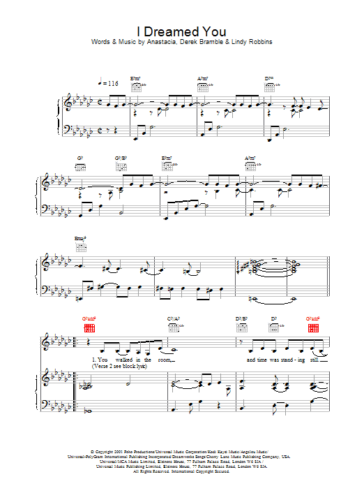 Anastacia I Dreamed You Sheet Music Notes & Chords for Piano, Vocal & Guitar - Download or Print PDF