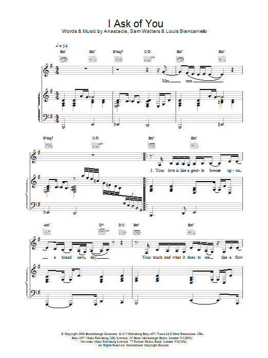 Preview Anastacia I Ask Of You R & B sheet music, notes and chords for Piano, Vocal & Guitar, SKU: 18511 I Ask Of You sheet music