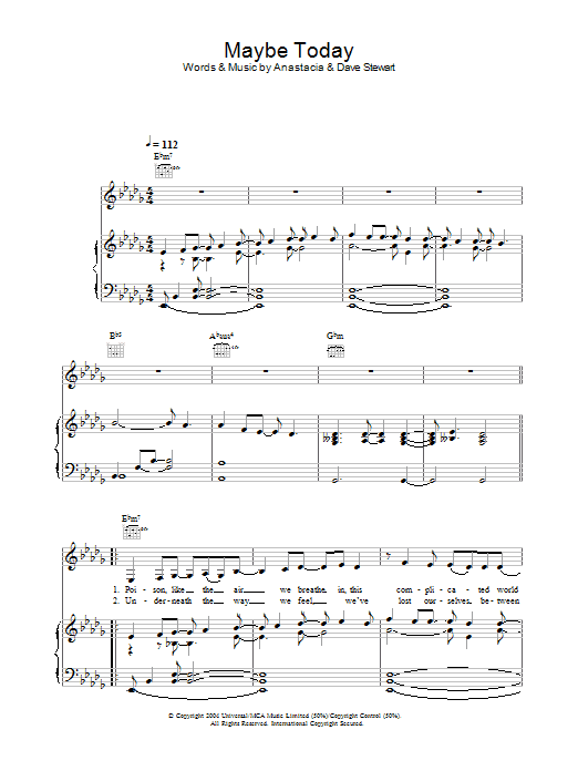 Anastacia Maybe Today Sheet Music Notes & Chords for Piano, Vocal & Guitar - Download or Print PDF