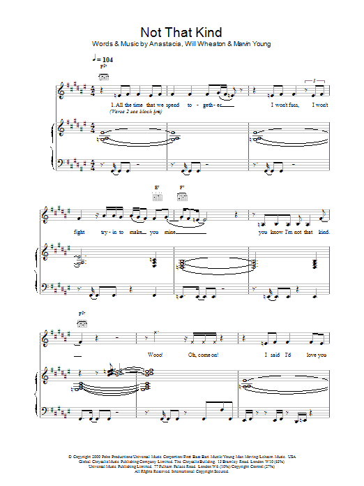 Anastacia Not That Kind Sheet Music Notes & Chords for Piano, Vocal & Guitar - Download or Print PDF