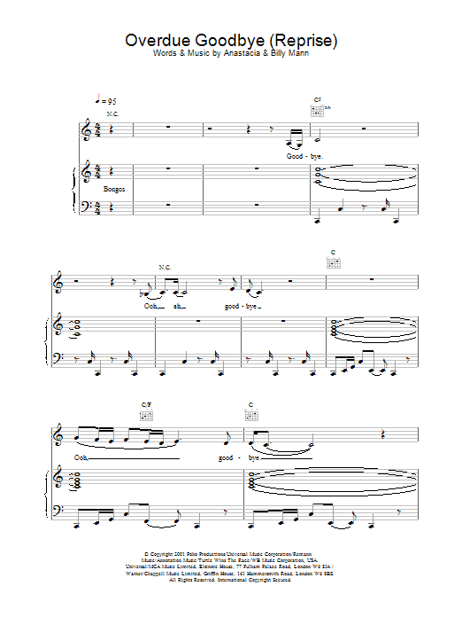 Anastacia Overdue Goodbye (Reprise) Sheet Music Notes & Chords for Piano, Vocal & Guitar - Download or Print PDF