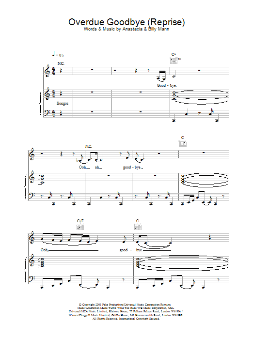 Anastacia Overdue Goodbye Sheet Music Notes & Chords for Piano, Vocal & Guitar - Download or Print PDF