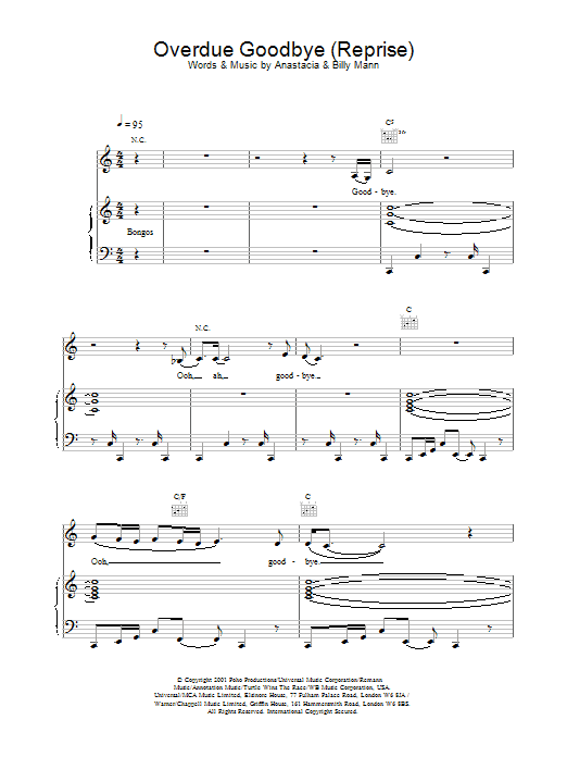 Preview Anastacia Overdue Goodbye (Reprise) R & B sheet music, notes and chords for Piano, Vocal & Guitar, SKU: 19962 Overdue Goodbye (Reprise) sheet music